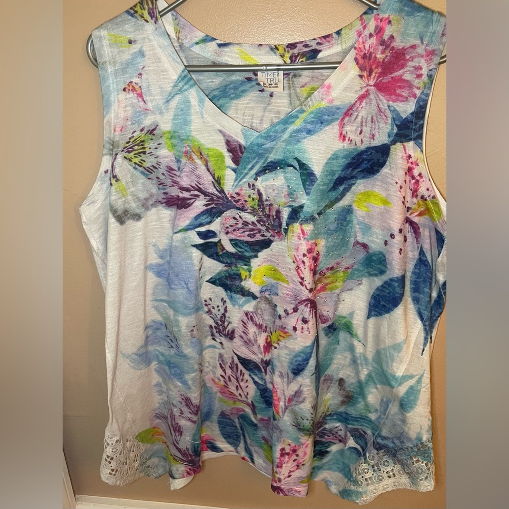 Time and Tru Asymmetrical Blue Pink Sleeveless Tank Top L 14/16